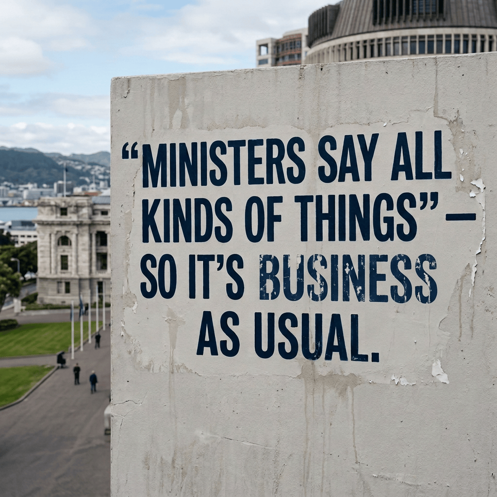 Weathered street sign reading “MINISTERS SAY ALL KINDS OF THINGS” — “SO IT’S BUSINESS AS USUAL.”